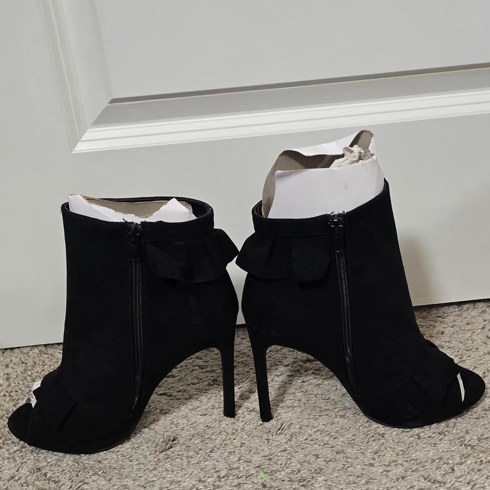 JustFab Black Ruffle Peep-Toe Ankle Booties - Picture 3 of 4